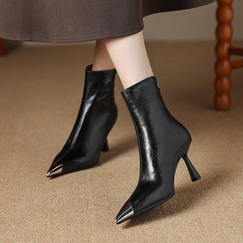 Vintage Metal Pointed Toe Thin Heel Women Ankle Boots Sexy Stripper Party Shoes Female Elegant Stretch Slim Short Booties