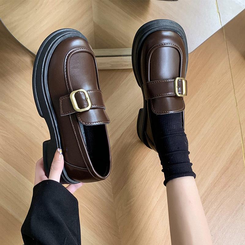 Round head Lun brown platform small leather shoes women's new autumn versatile skirt thick heel single shoes