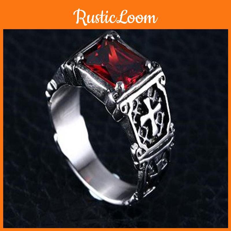 Unique Fashion Vintage Red Onyx Thor Men's Stainless Steel Gothic Style Ring
