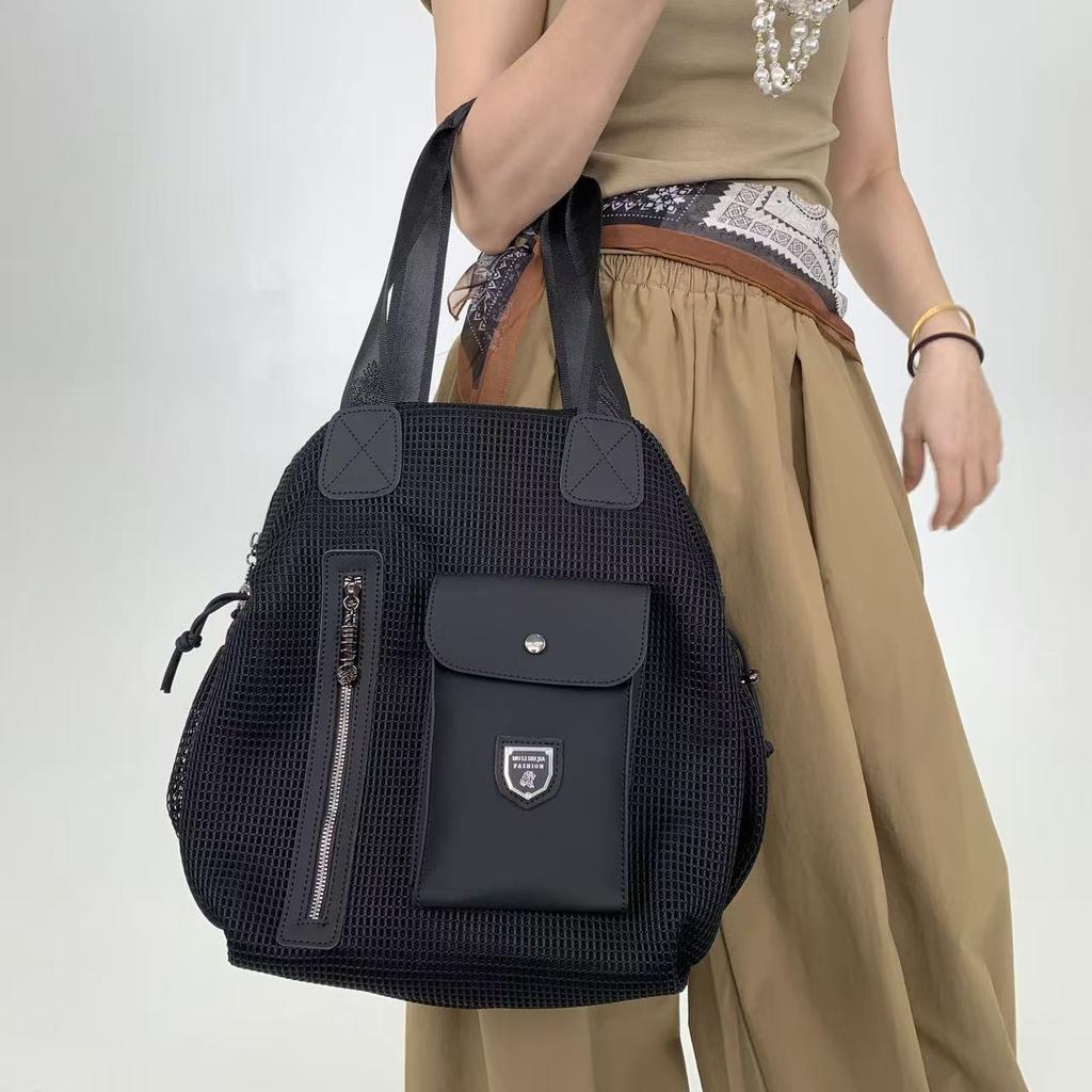 Ladies Mesh Splicing Multi-Pocket Shoulder Bag Large Capacity Retro Multi-Functional Backpack