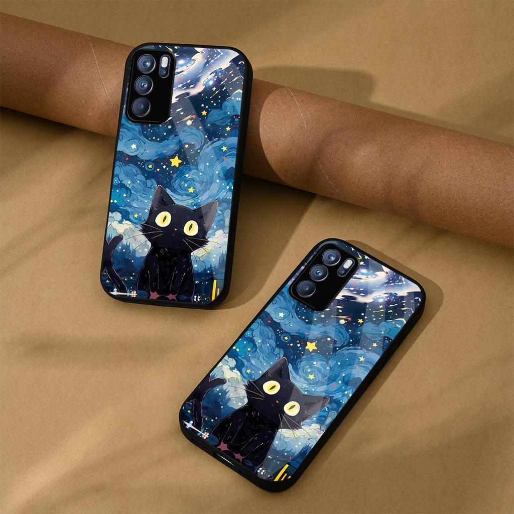 Case for OPPO Reno6 5G Anime Black Cat Starry Cloud Print Phone Cover Acrylic Hard Back Shell With Flexible TPU Edge