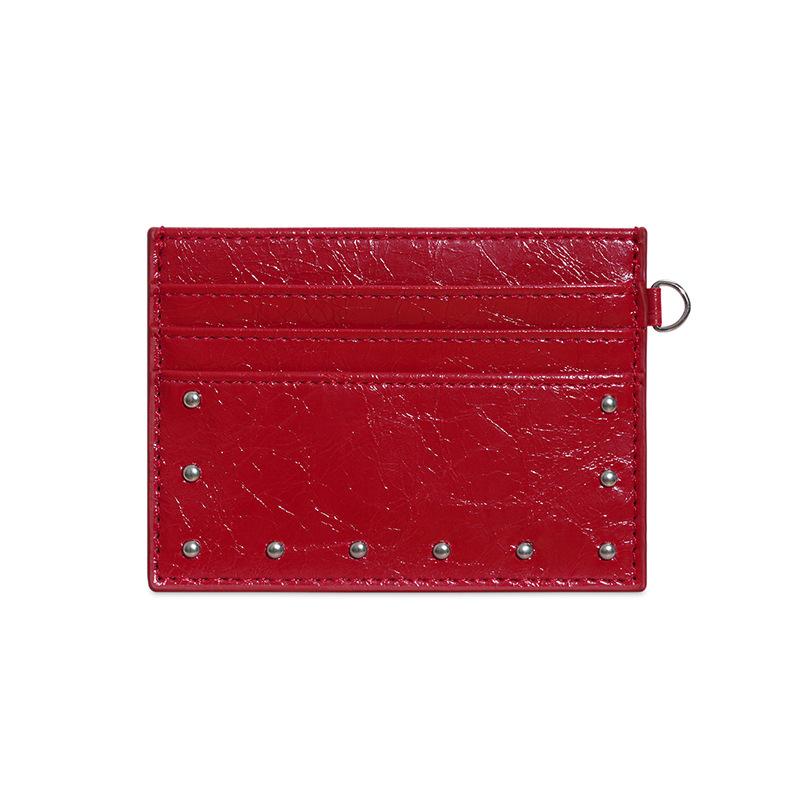 Compact Ultra Thin Cracked Leather Card Wallet Mini Size Multiple Slots With Rivet Design Solid Color Pu Coin Purse