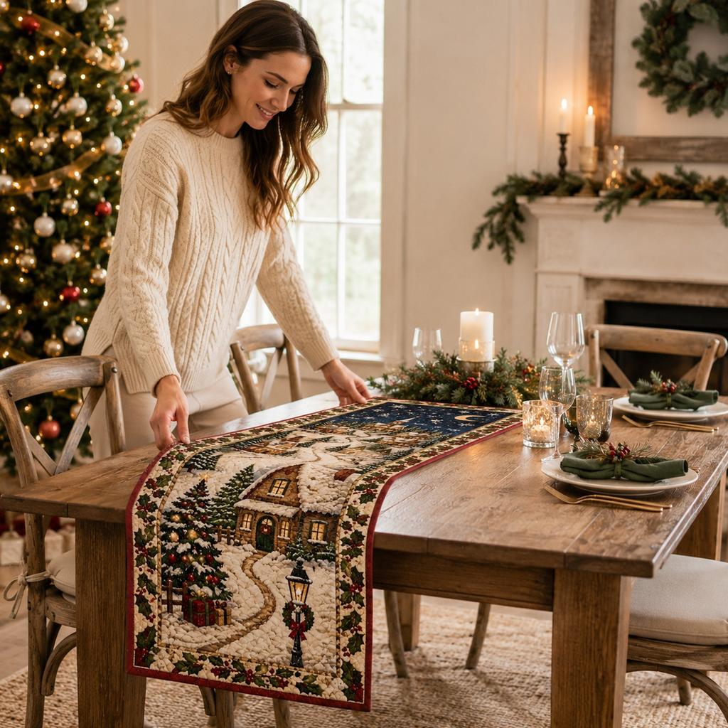 Festive Christmas Tablecloth with Tree and Bell Pattern, Decorative Dining Table Cover for Home Kitchen