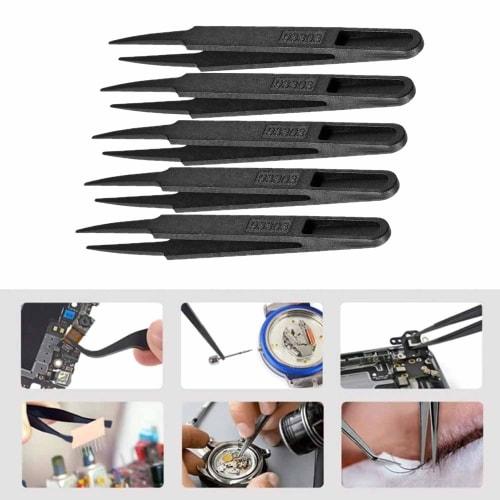 Roczential 5-Piece Plastic Tweezers, 120mm Anti-Static Point Tip Pick-Up Tool (Black)