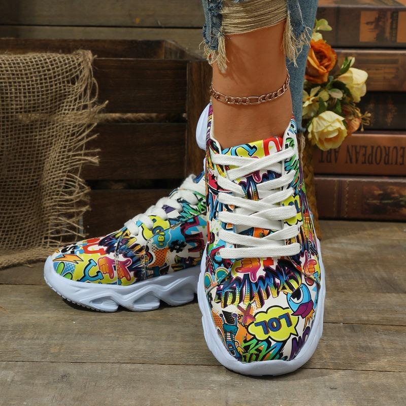 Zapatillas planas de moda para mujer 2024 Primavera y Otoño Nueva Moda Estampado Aleatorio Cómodas para Caminar con Cordones Zapatos Casuales Talla Grande