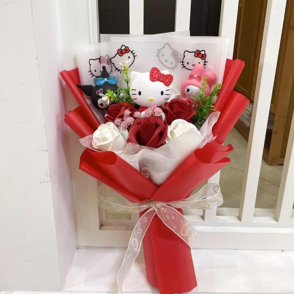 Bambole Gatto Kawaii Hello Kitty con Fiori Artificiali Bouquet Creativo Regali di Natale San Valentino Compleanno Laurea