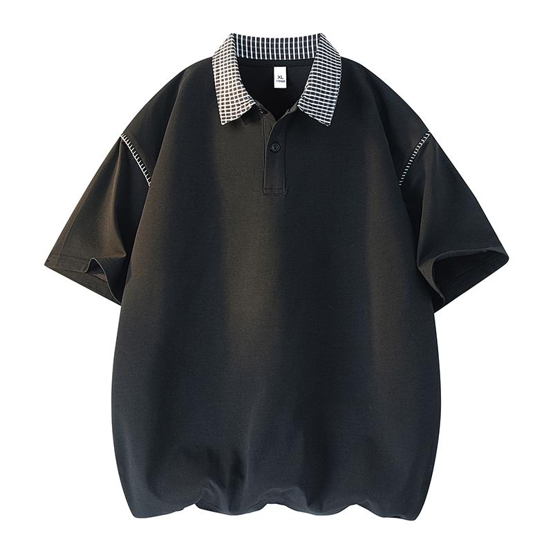 Retro plaid lapel POLO shirt short-sleeved T-shirt men s summer casual T-shirt 3XL чёрный