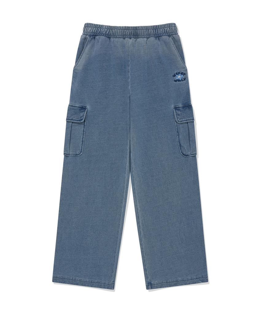 WACKY WILLY Women'S Washed Denim Semi-Wide Cargo Pants Blue