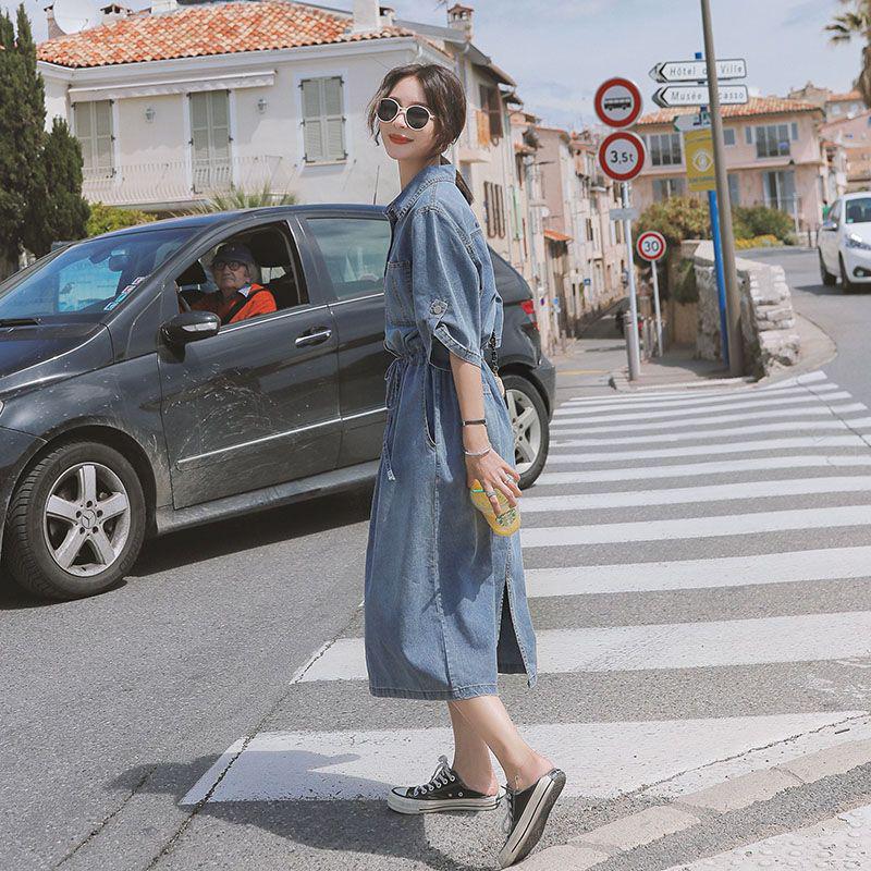 Elegant Slim-Fit Denim Dress for Women - Waist-Cinching Long Skirt for Spring, Summer, and Autumn 2026.