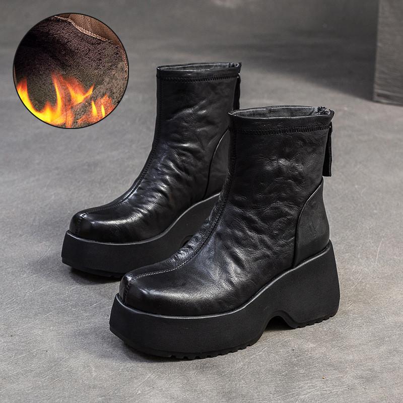 Johnature Všestranné Krátké kozačky z pravé kůže Retro Kulatá špička Dámské boty s tlustou podrážkou