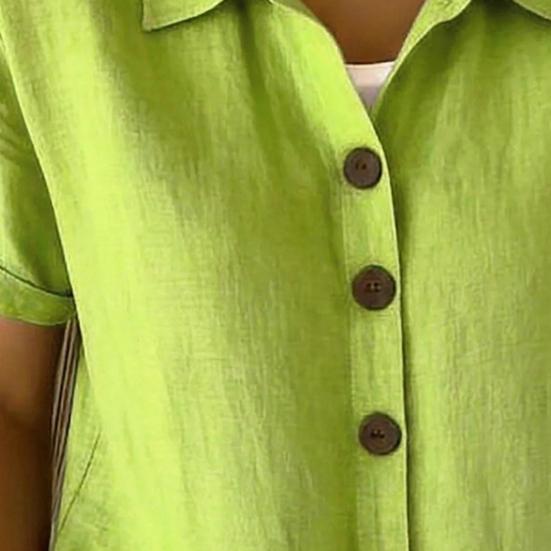 Women Tops Lapel Short Sleeve Buttons Placket Shirt Tops Pure Color Loose Fit Casual Style Shirt Home Dates Versatile Wear