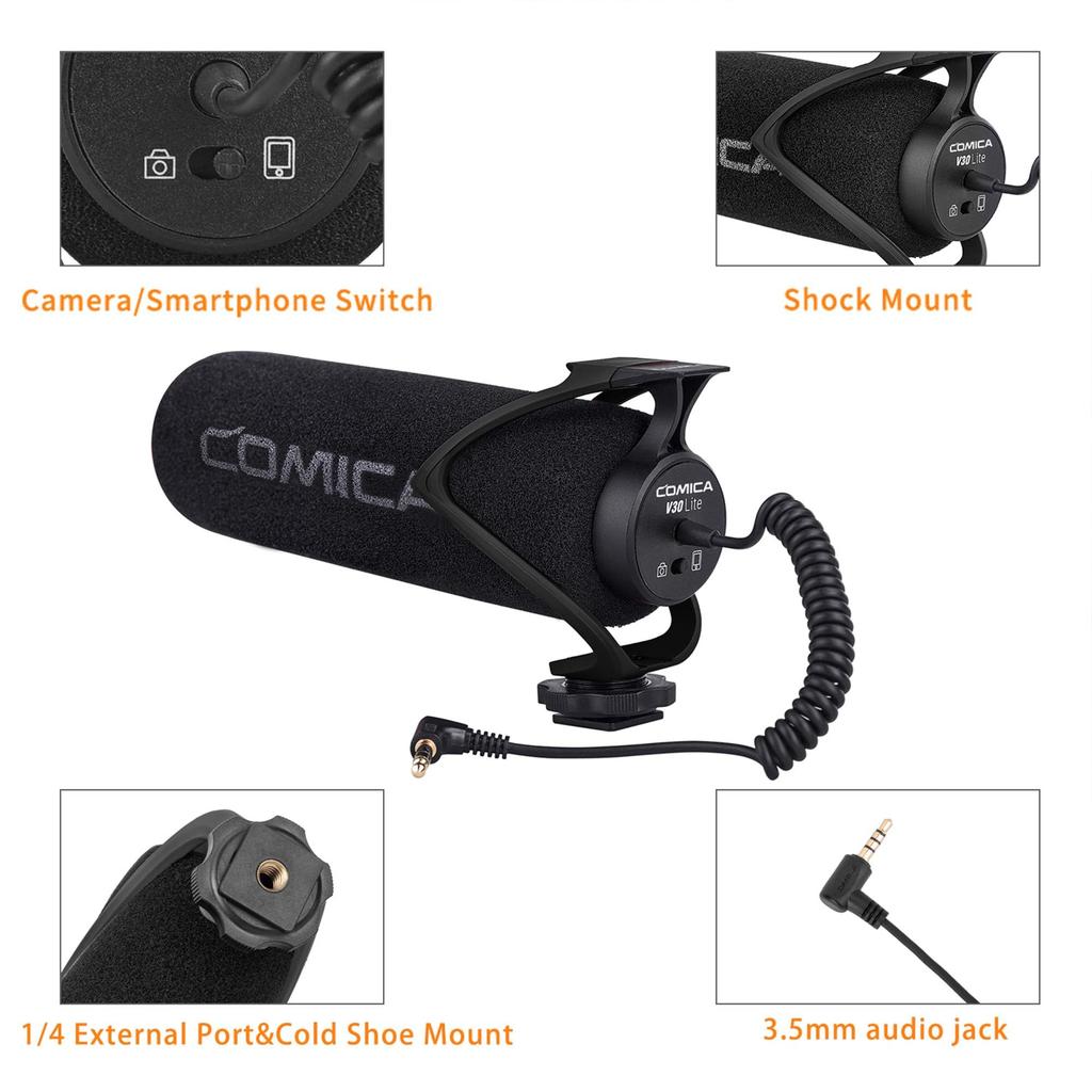 Comica LITE Video Gun External Microphone for DSLR and Huawei CVM-V30 Sony, Nikon, Canon, Cameras, iPhone, (Black)