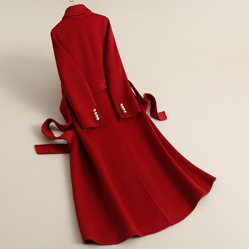 2025 Spring Women's Red Woolen Double-Sided Long Coat with Waist-Defining Design