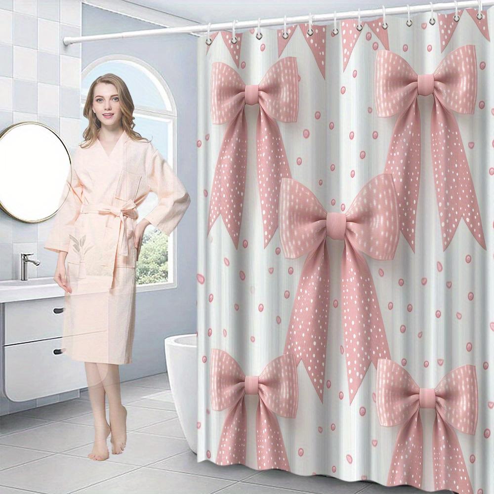 Textile Article Pink/White 1Pc Bows Shower Curtain - Polka Dots, Soft Pastels, Polyester, 70X70 12 Hooks