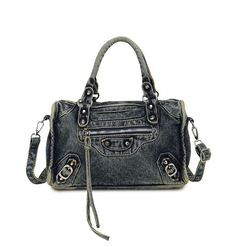 High-End Niet Motorradtasche, Lässige Umhängetasche, Retro Gewaschene und Gealterte Denim Handtasche