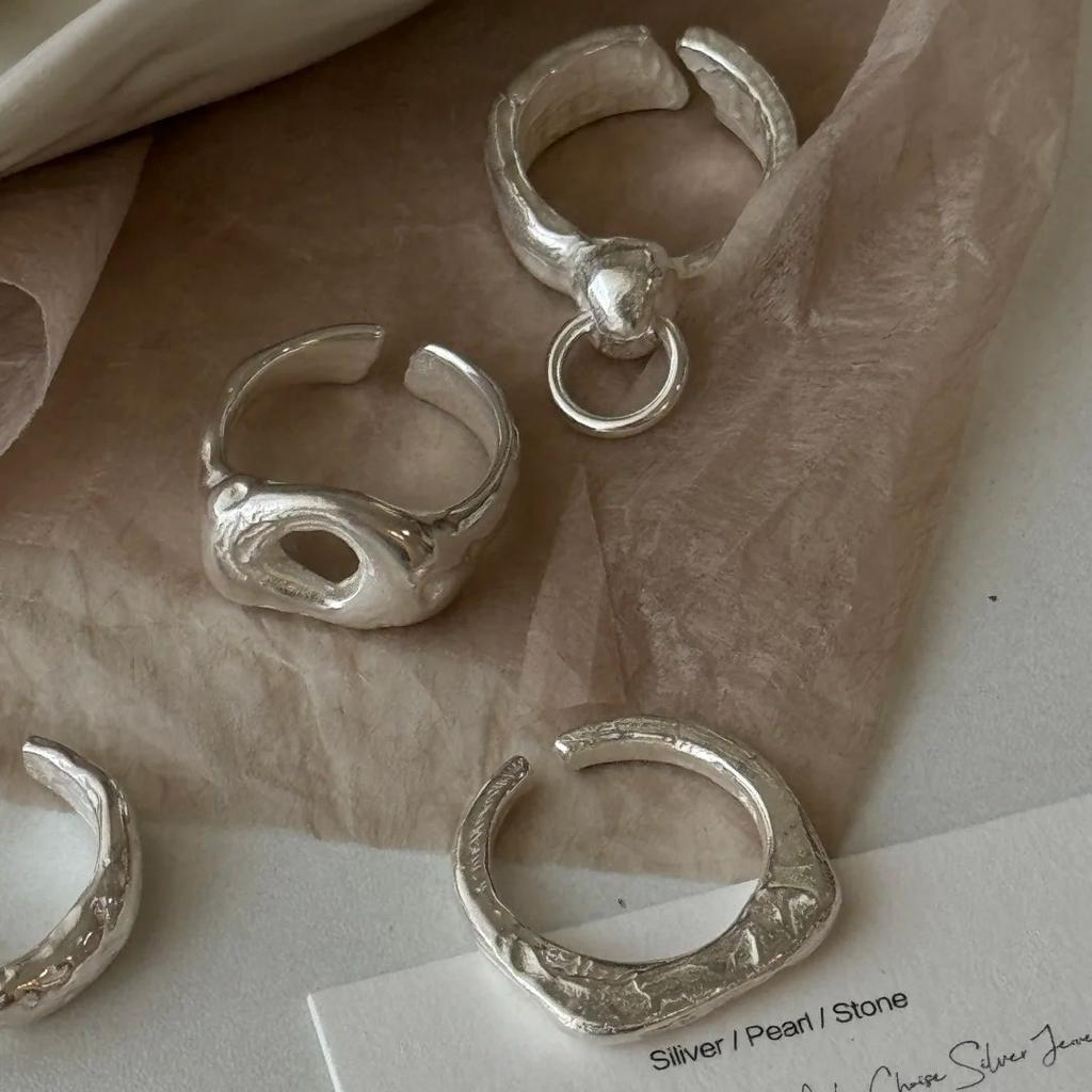PANJBJ 925 Silver Frosting Geometry Ring for Women Wide Texture Versatile Handmade Ins Jewelry Gift