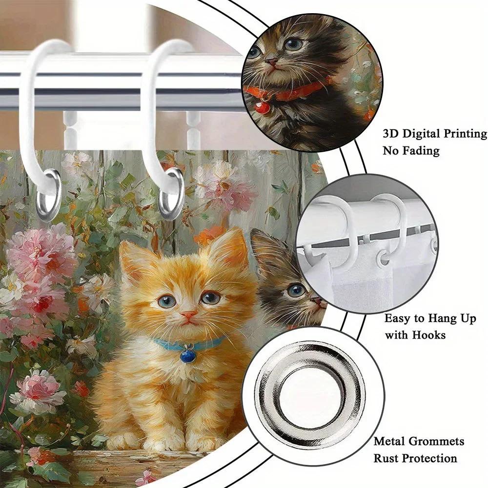 Polyester Bath Curtain - 70x70 Inches, Orange & Gray Kittens with Pink & White Flowers, Realistic Whimsical Design, 12 Hooks