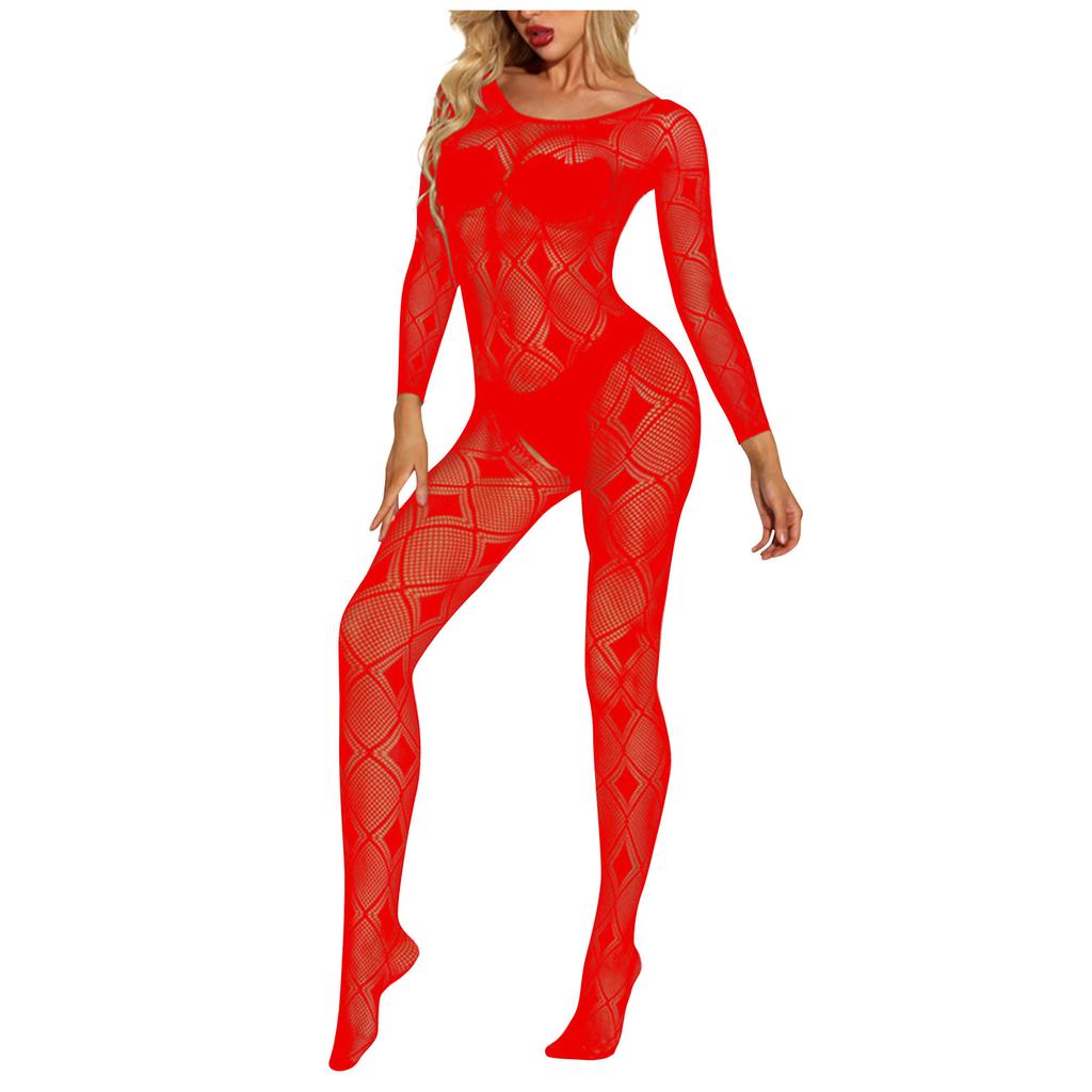 Women's Sheer Fishnet Bodystocking Long Sleeve Open Crotch One Piece Lingerie Stretchy Mesh Bodysuit