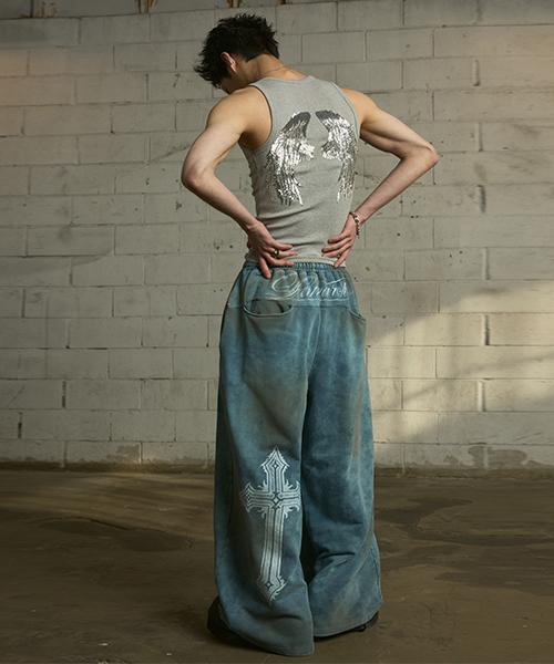 LANARCHIVE [0113] Vintage Washed Wide Sweatpants - Dusty Teal