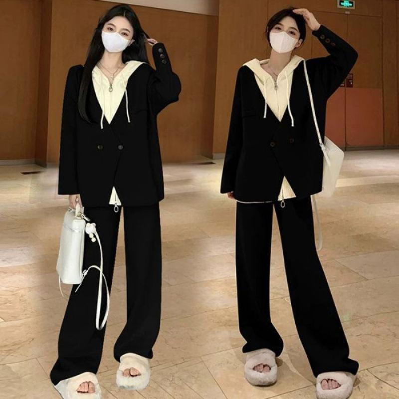 

Spring and Autumn Long-sleeved Fake Two-piece Hooded Top Loose Large Size Belly-covering Trousers Suit for Women 3XL чорний
