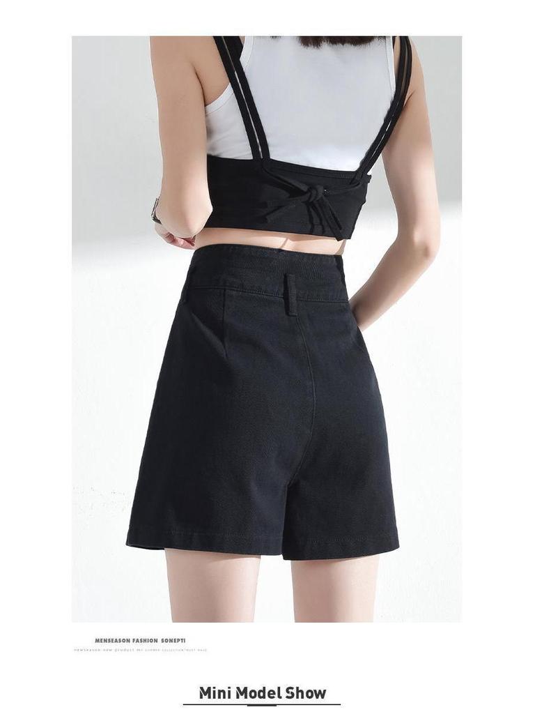 Women's Black Denim High-Waist A-Line Shorts - Spring 2026, Slimming, Plus Size, Trendy, Loose Fit.