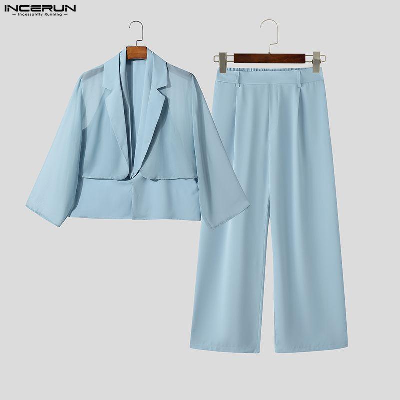 INCERUN Men Sets 3/4 Sleeve Mesh Sheer Layers Tops and Long Pants Casual Suits