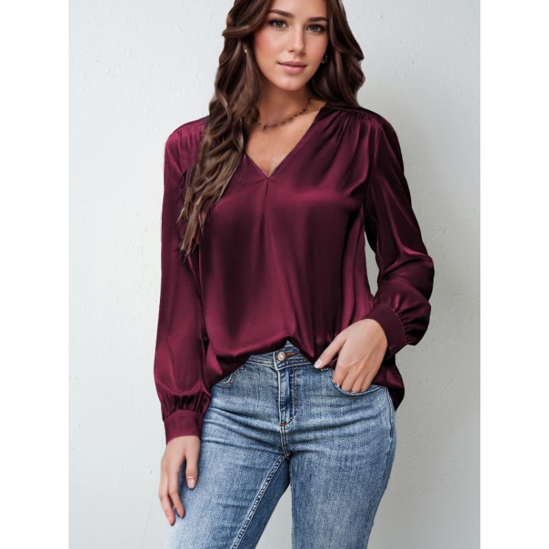 

Плюс Размер Женский Плиссированный Длинный Рукав V-образный Вырез Повседневный Свободный Топ Для Пригородных Перевозок XXL бордовый