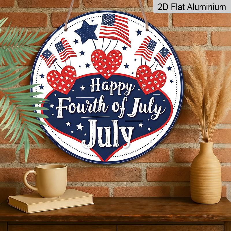 2D Flat, 1pc Round Aluminum Hanging Sign - 4th of July Patriotic Metal Wall Sign, "Happy Fourth of July" Star & Flag Design, Perfect for Indoor