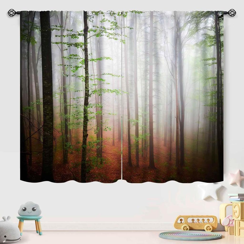 Mistige Bos Gordijnen Nevelige Bosbomen Print voor Woonkamer Slaapkamer Landschap Decor