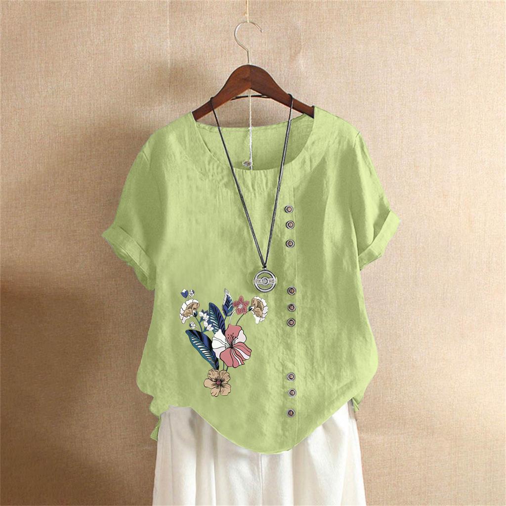 Letnia oversize'owa bawełniano-lniana koszulka z krótkim rękawem, Bawełniano-lniana drukowana oversize'owa odzież damska