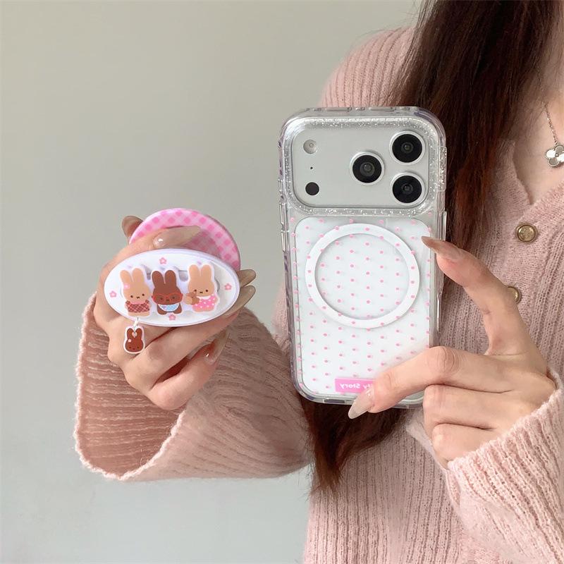 Polka Dot Plaid Rabbit Magnetic Stand Case for iPhone 17/16 Pro Max/15 Pro