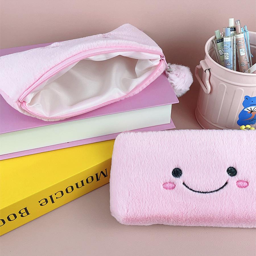 Cute Pink Smiling Pom Large Capacity Pencil Case Plush Storage Bag Students For