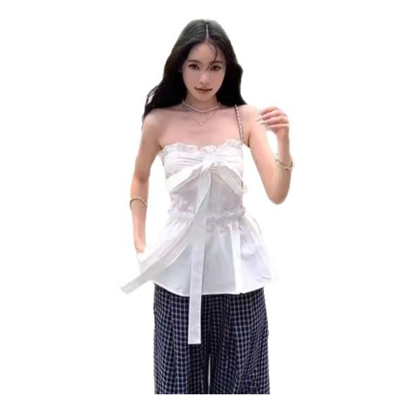 Summer New Sweet and Spicy Style Bow Lace-up Tube Top Women Slim and Thin Fungus Edge Sleeveless Top