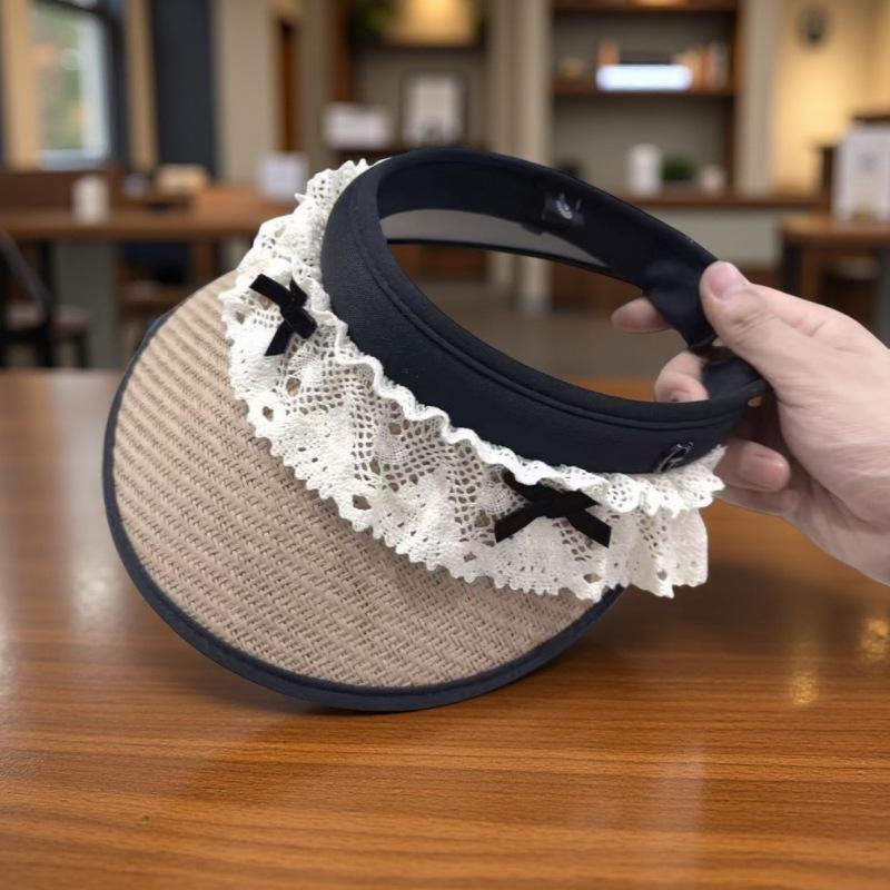 Lace bow straw woven empty top hat women's summer new versatile sunshade sun hat vinyl UV protection