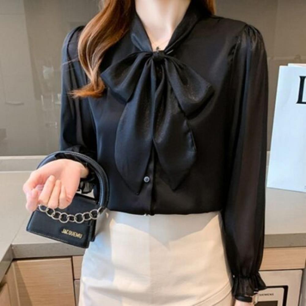 Navava Romantic Sheer Ribbon Neck Long Sleeve Blouse Nb1944