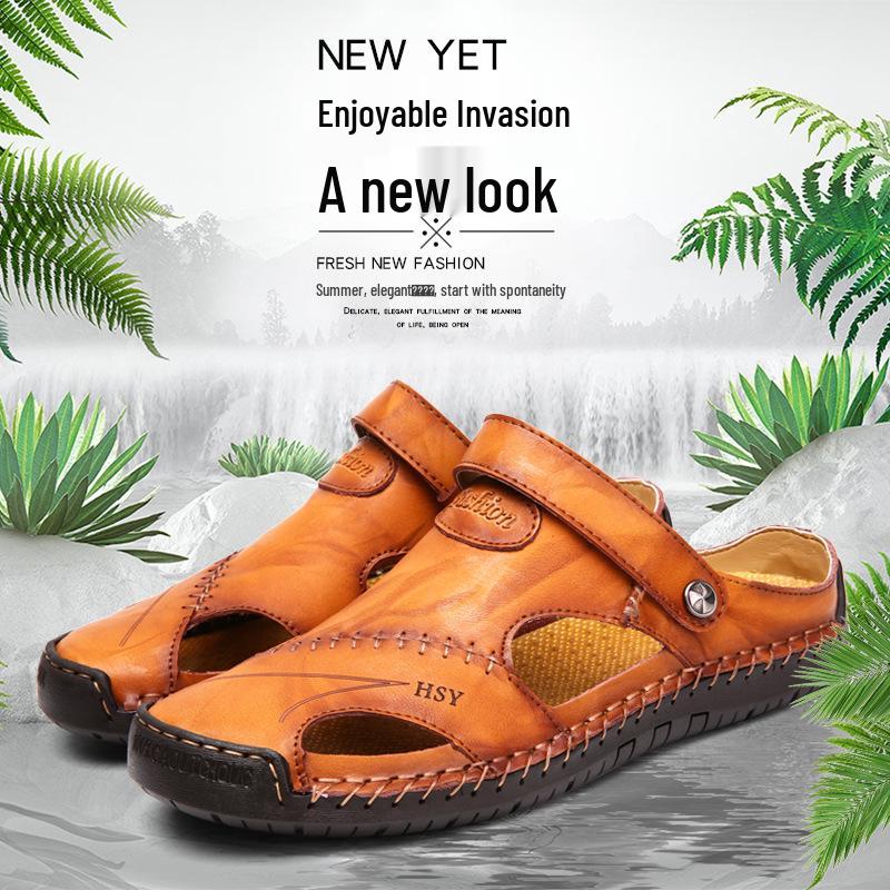 Men's Plus Size Closed Toe Leather Sandals - Trendy British Casual Beach Shoes