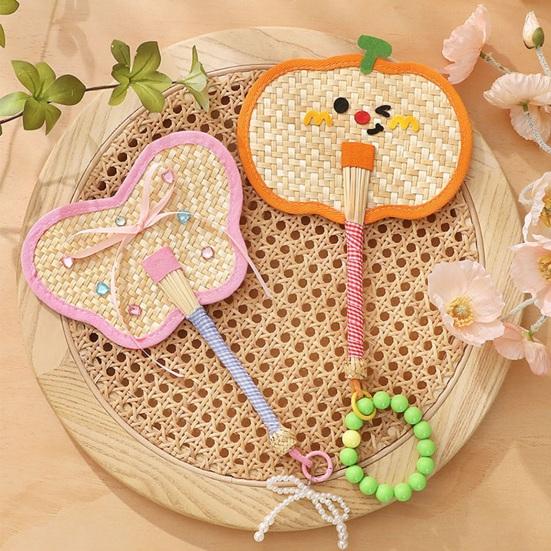 Cartoon Handmade Weaving Fan Bear Butterfly Dog Pumpkin Shell Mango Shape Woven Hand Fan Summer Handheld Cooling Fan Decoration