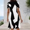 Women Plus Size Round Neck Short Sleeve Black White Printed A Line Dress