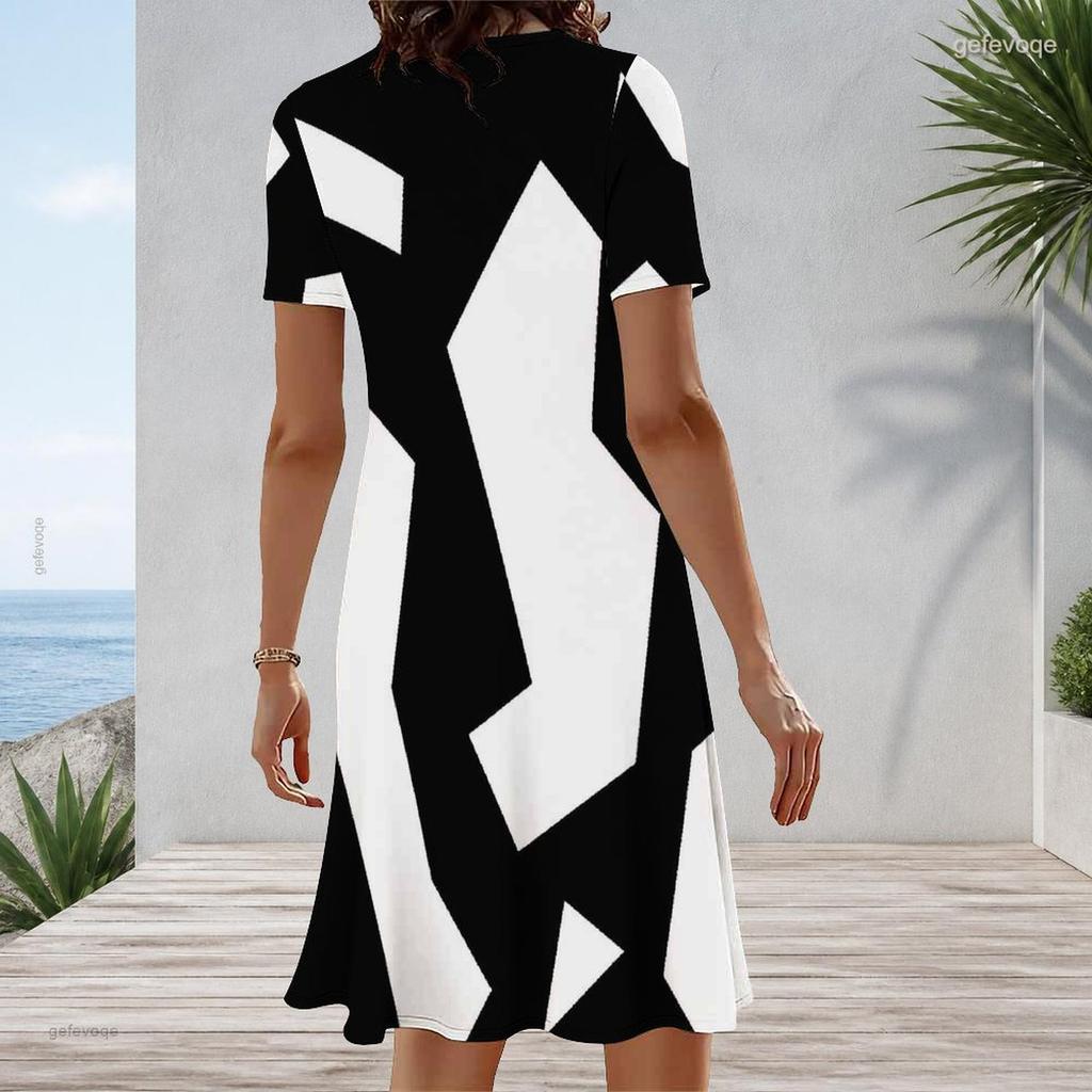 Women Plus Size Round Neck Short Sleeve Black White Printed A Line Dress