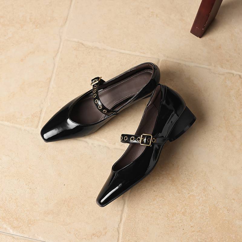 Krazing Pot Genuine Leather Square Toe Low Heels Summer Shoes Big Size 42 Buckle Straps Women Shallow Pumps