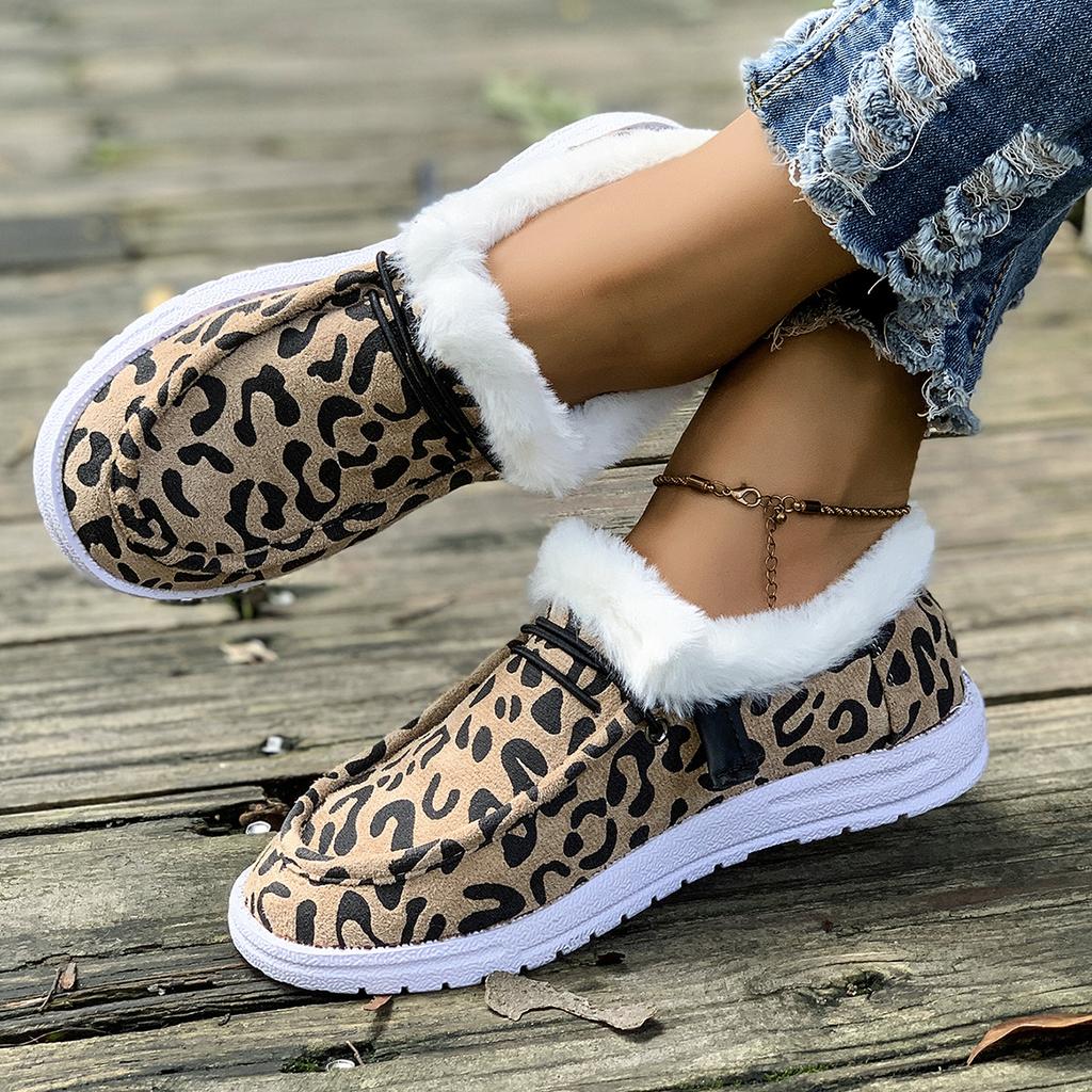New cotton shoes snow boots autumn and winter leopard print flat bottom foot fluff daily large size