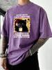 After Coffee Cat Feel Good Print Men Washed TShirt Retro Crewneck T Shirts Hip Hop Loose Clothes Summer Cotton Streetwear