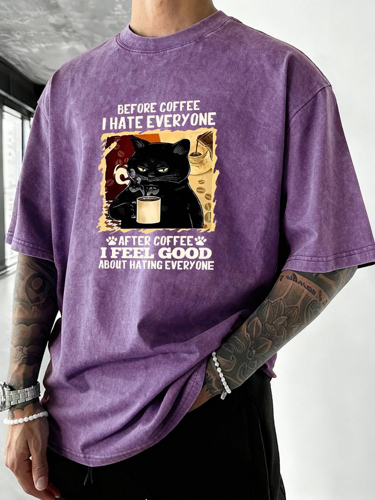 After Coffee Cat Feel Good Print Men Washed TShirt Retro Crewneck T Shirts Hip Hop Loose Clothes Summer Cotton Streetwear