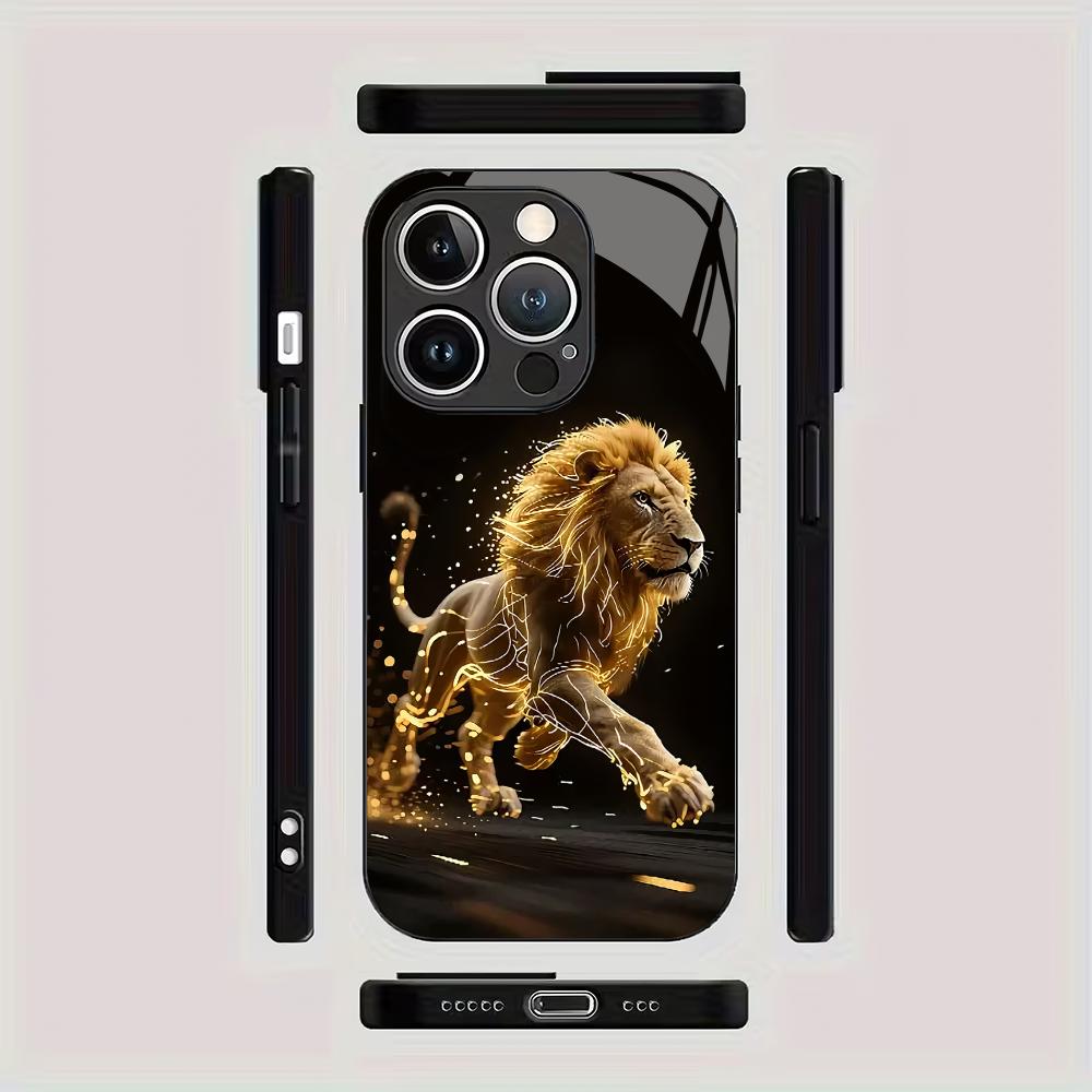 Goldenes Löwenmuster gehärtetes Glas Handyhülle geeignet für iPhone 17 16 15 14 13 12 11 Pro/Max/Plus sturzsichere Rückabdeckung