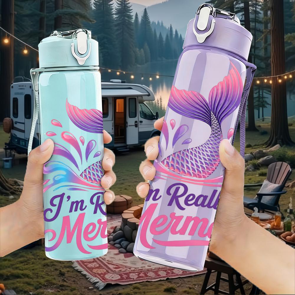 1PC Colorful Mermaid Quote 750ml Color Plastic Sports Water Bottle Leakproof Flip Straw Lid Suitable for Sports Office Home Use