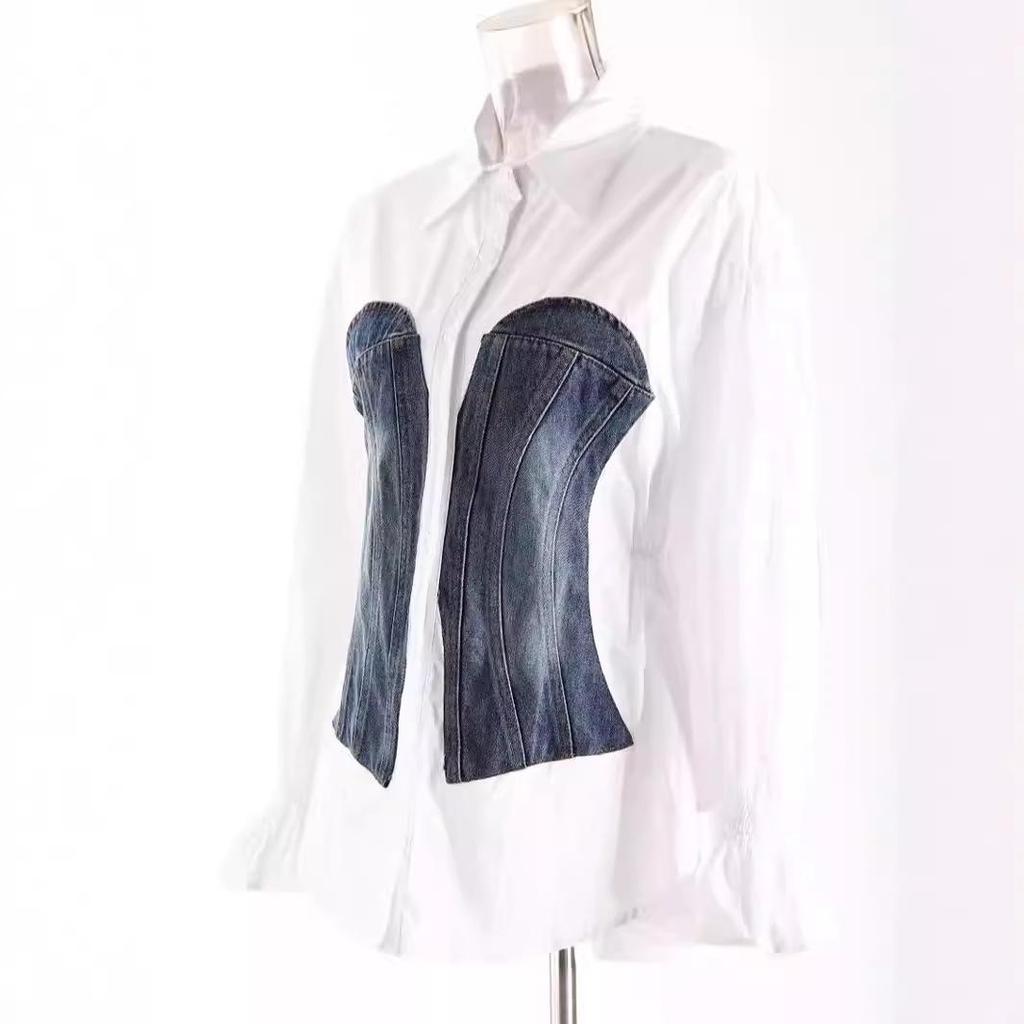 Niche Design Spring 2025 Color Block Patchwork Denim Corset Blouse for Women