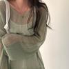 Spring Summer Long Sleeved Knitted Sunscreen Shirt See Through Retro Casual Simple Loose Hollow Out Thin Blouse V Neck Solid Color Top Clothing