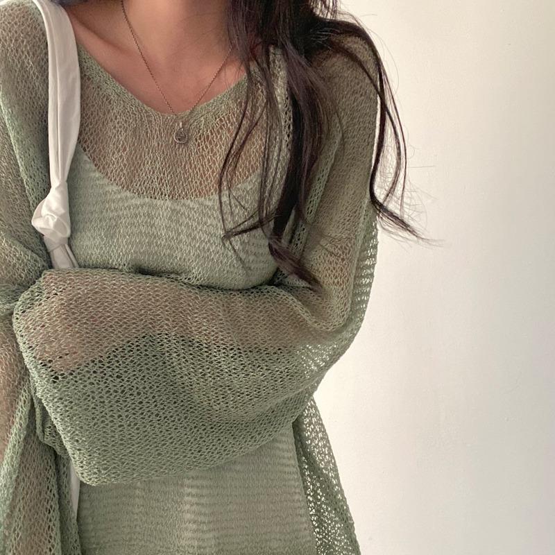 Spring Summer Long Sleeved Knitted Sunscreen Shirt See Through Retro Casual Simple Loose Hollow Out Thin Blouse V Neck Solid Color Top Clothing