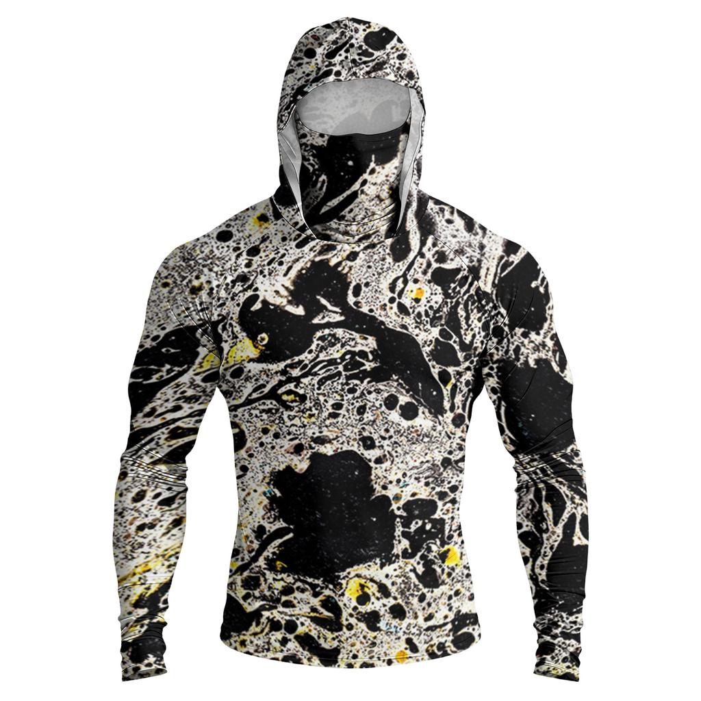 Camicia da Uomo Casual a Manica Raglan con Cappuccio a Manica Lunga Protezione Solare UPF 100 Plus Tessuto Leggero Traspirante Asciugatura Rapida con Stampa Testurizzata