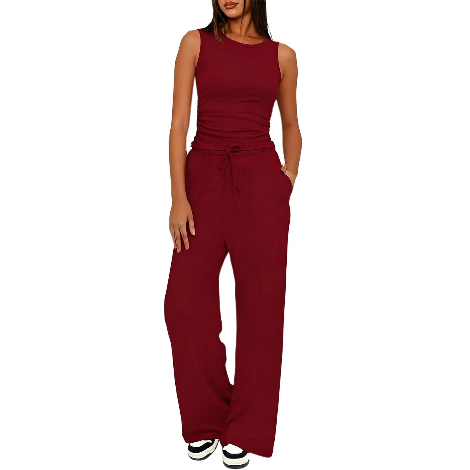 

Women s New Sleeveless Round Neck Pleated Vest High Waist Casual Wide Leg Pants Set XXL винний